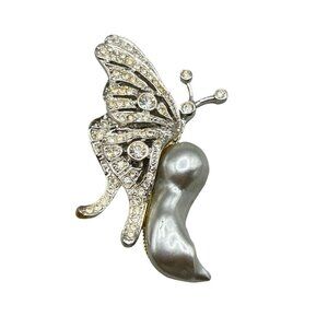 Vintage Kenneth Lane Butterfly Pin Brooch KJL Silver Tone Faux Pearl Insect Pin
